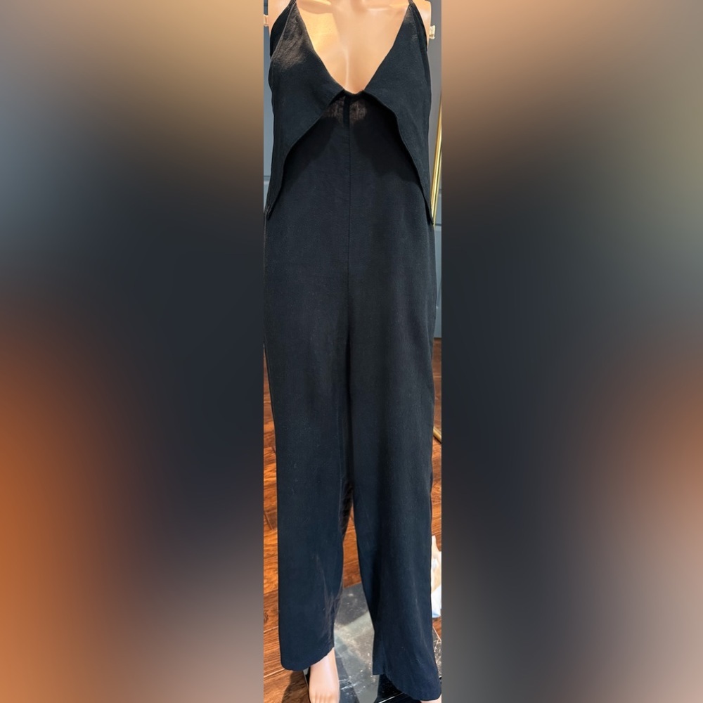 Old Navy Linen Blend Jumpsuit Black Wide Leg Strappy Pockets L Tall - Picture 2 of 6